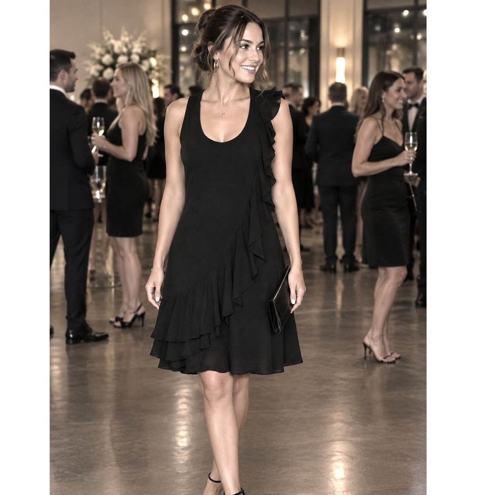 Ali Ro Black Ruffle Dress Women's Size 6 Cocktail Party Sleeveless Formal Mini